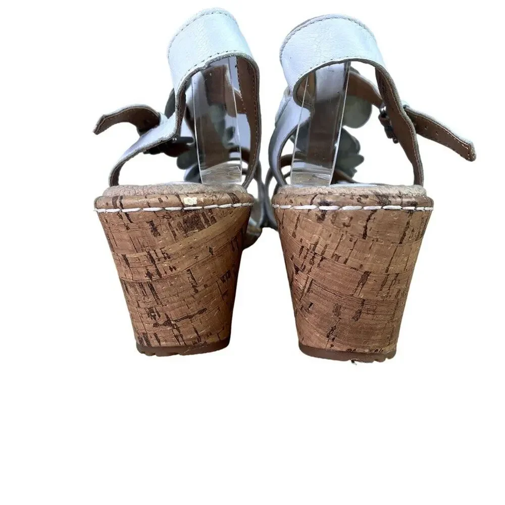 BOC Cornelis Wedge Sandals 10M White Floral Adjustable Ankle Strap Leather Upper